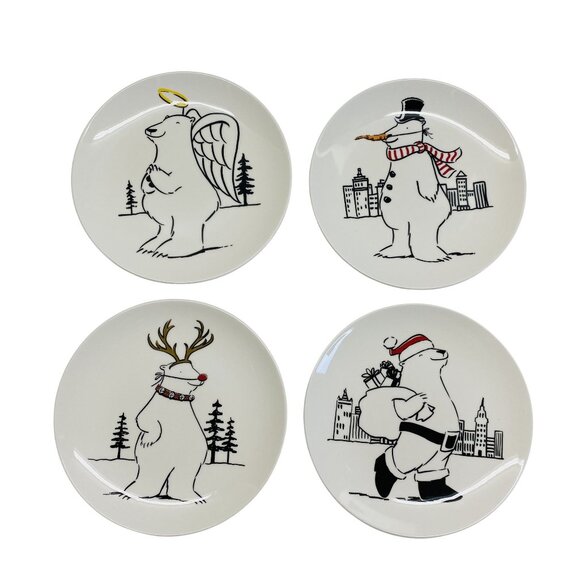 Pottery Barn Preston Holiday Polar Bear Dessert Plates Set Of 4 Christmas 8.5" - Picture 1 of 5